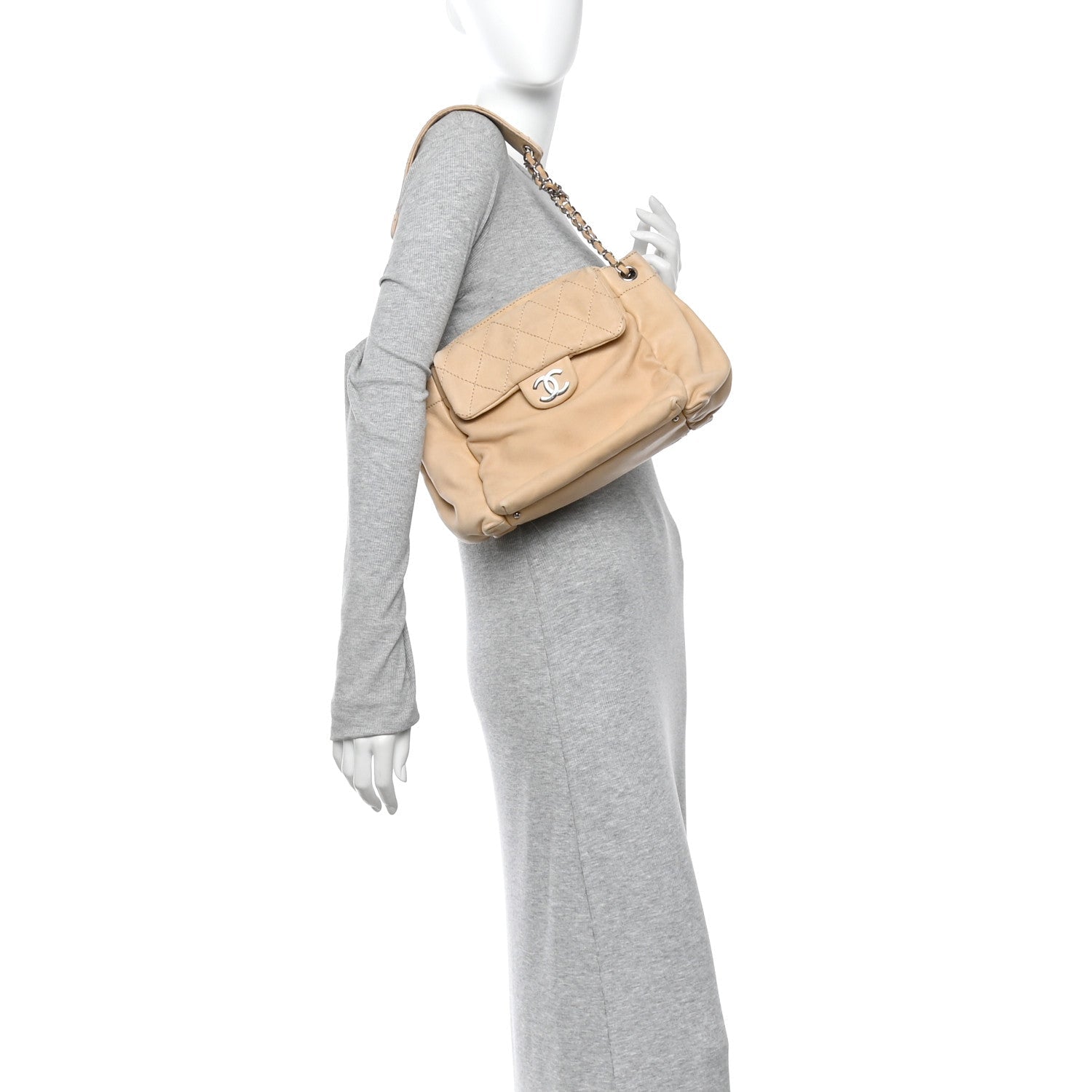 Lambskin Stitched Accordion Flap Tote Beige