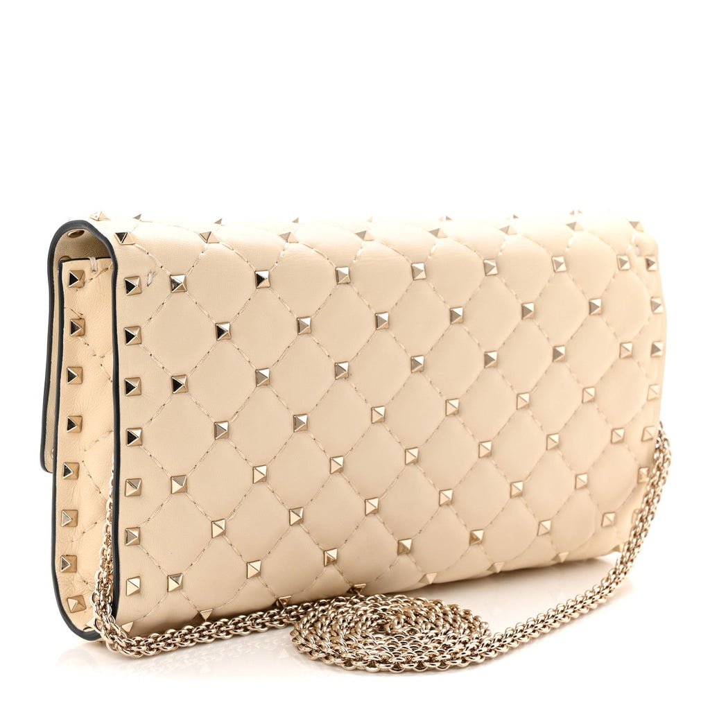 Lambskin Rockstud Spike Wallet on Chain Light Ivory
