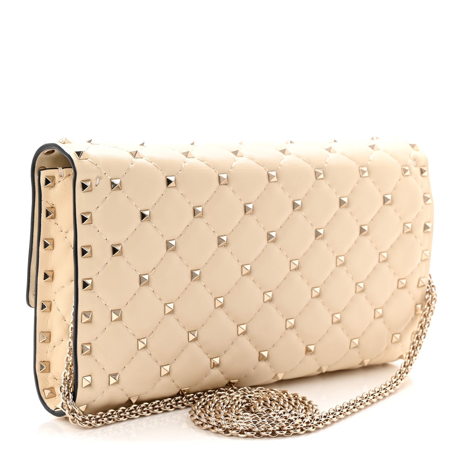 Lambskin Rockstud Spike Wallet on Chain Light Ivory