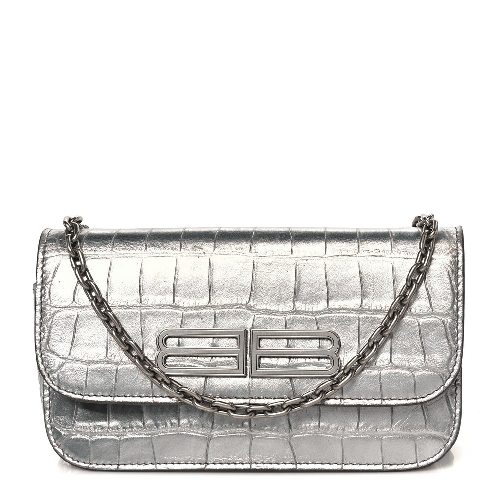 Metallic Extra Supple Calfskin Crocodile Embossed Gossip Wallet On Chain Silver