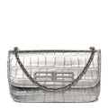 Metallic Extra Supple Calfskin Crocodile Embossed Gossip Wallet On Chain Silver