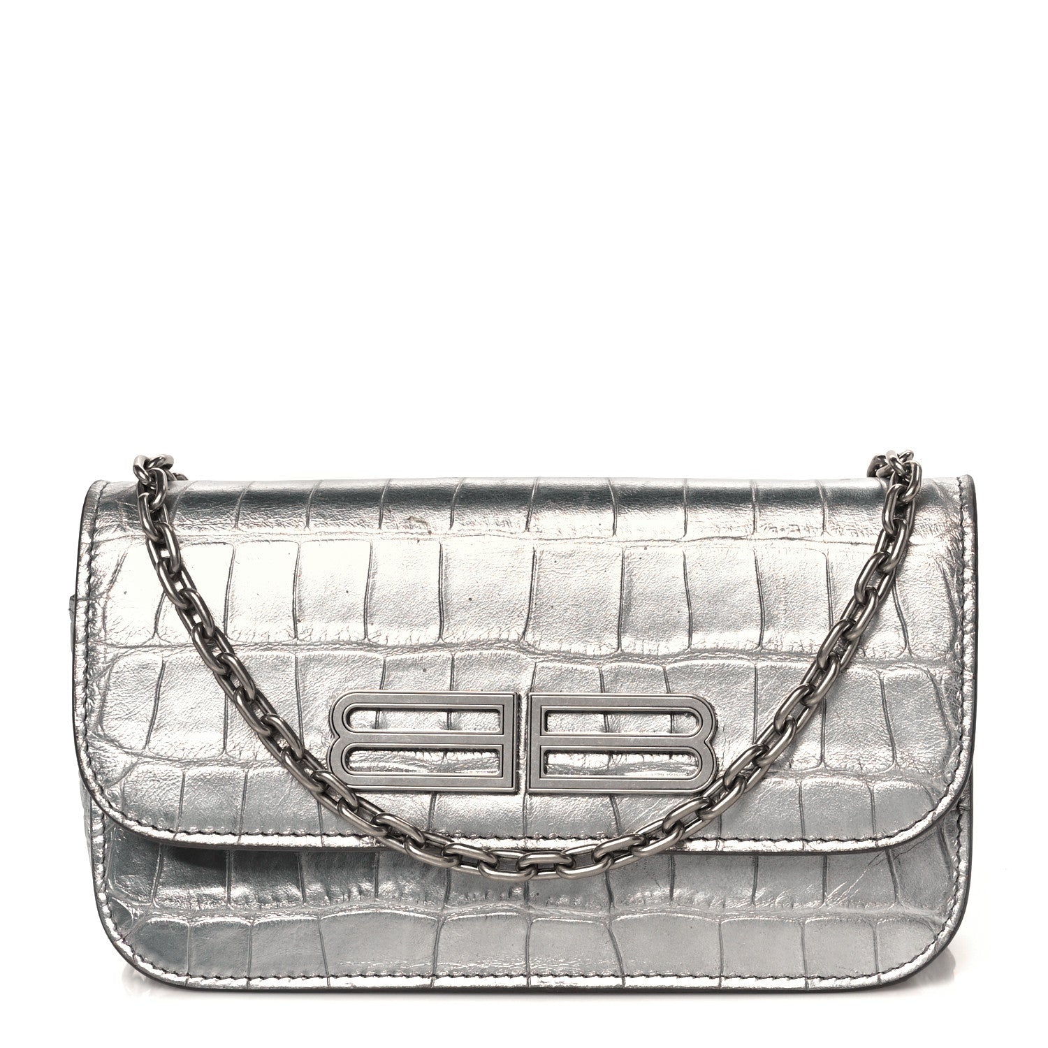 Metallic Extra Supple Calfskin Crocodile Embossed Gossip Wallet On Chain Silver
