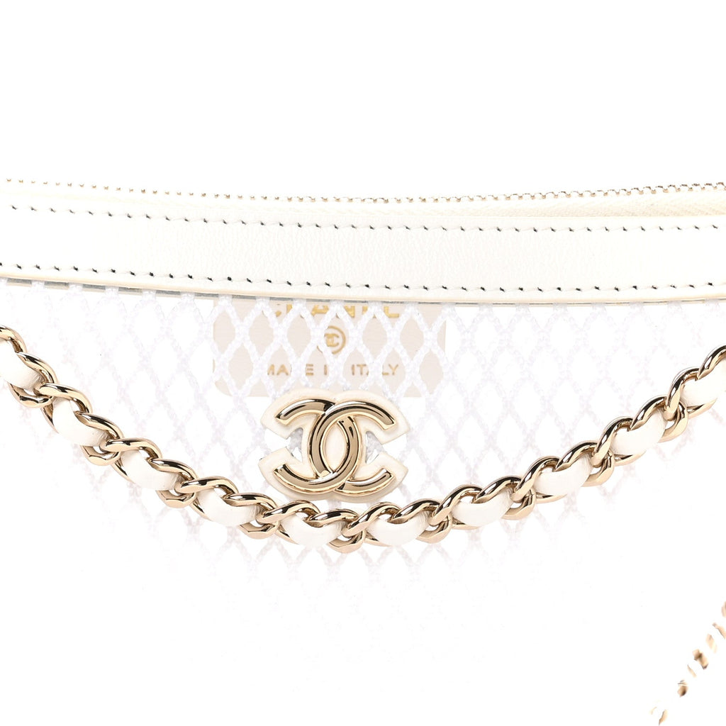 Mesh Shiny Lambskin Chain Hobo White