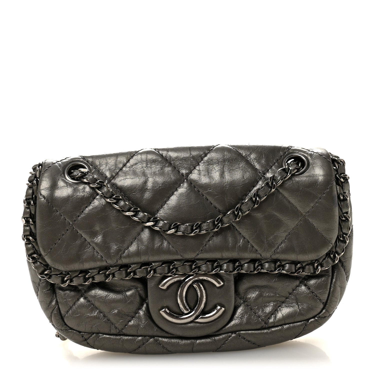 Metallic Aged Calfskin Mini Chain Me Flap Pewter
