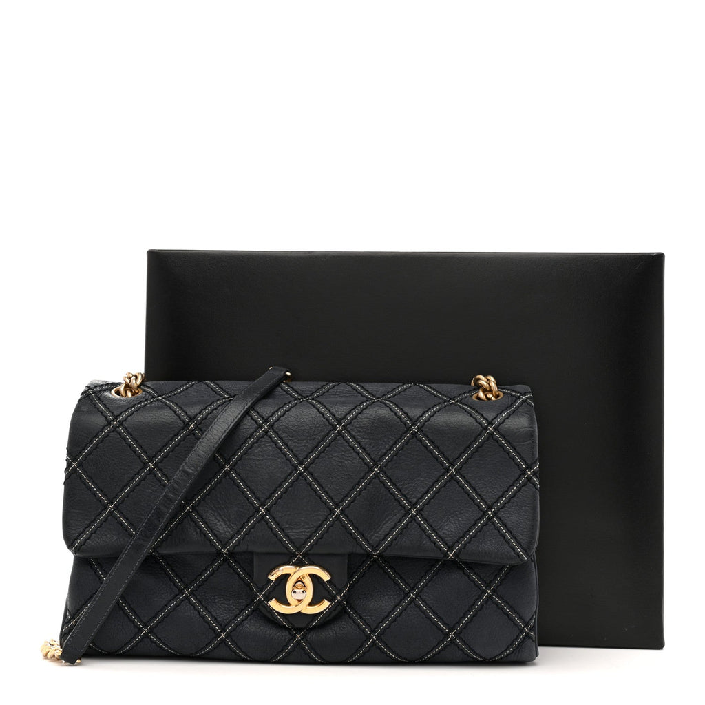 Iridescent Calfskin Triple Stitched Medium Flap Navy