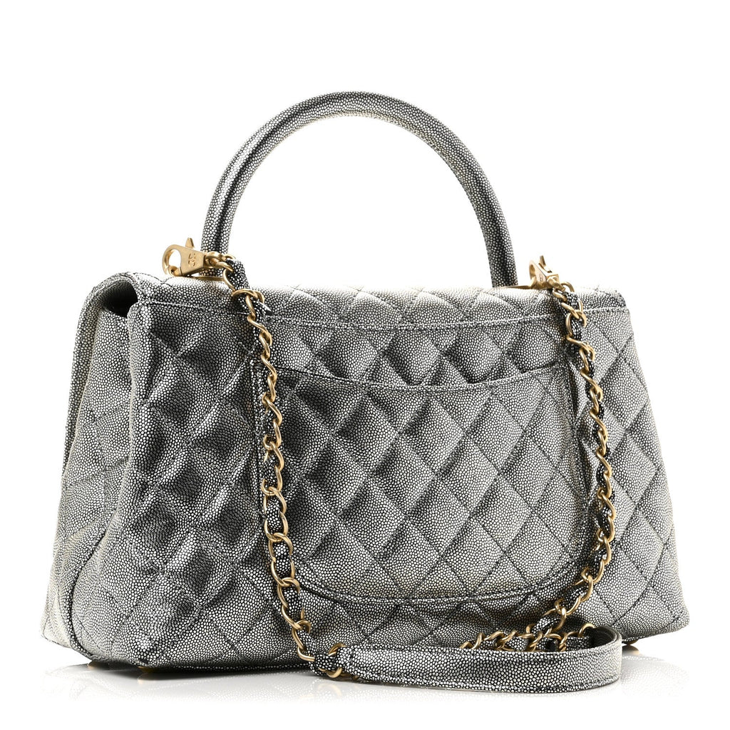 Metallic Caviar Quilted Small Coco Handle Flap Silver