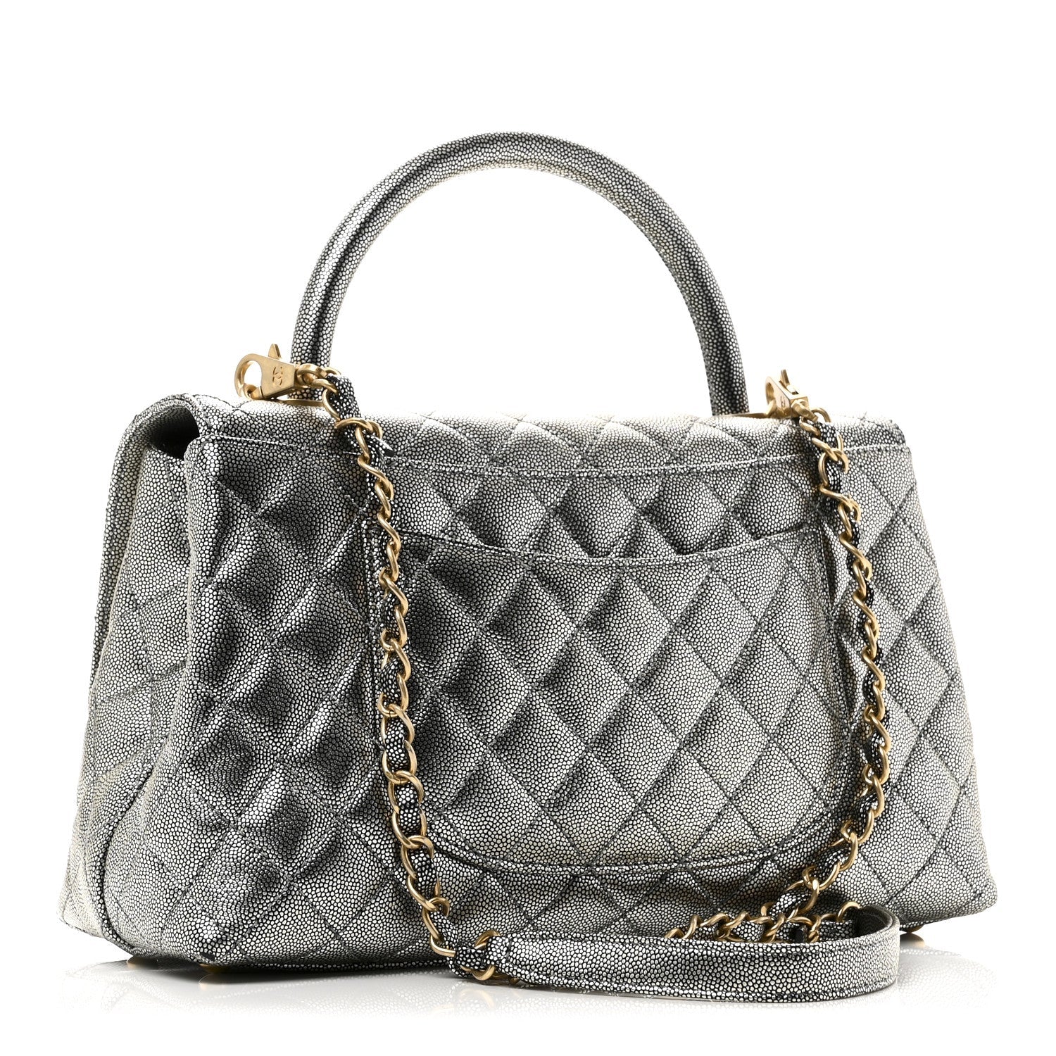 Metallic Caviar Quilted Small Coco Handle Flap Silver