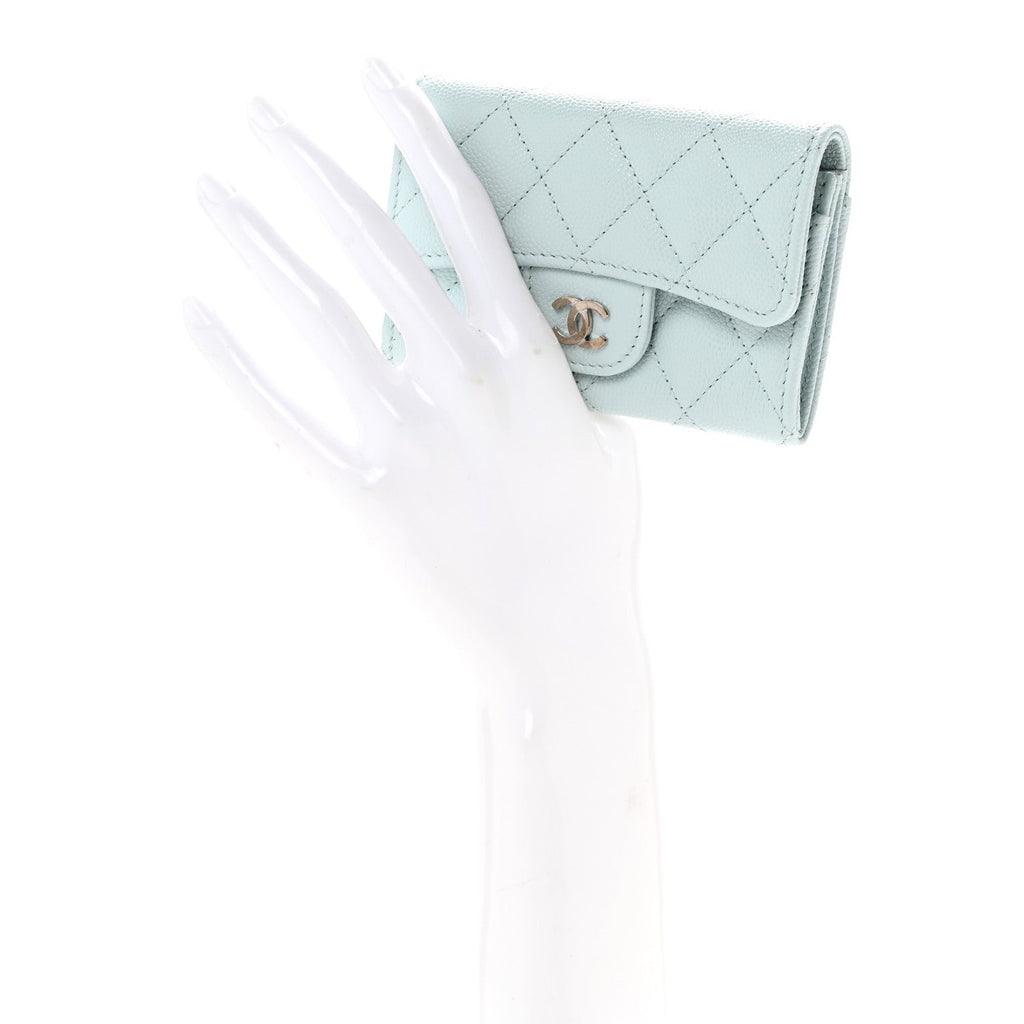 Caviar Quilted Flap  Holder Wallet Light Blue