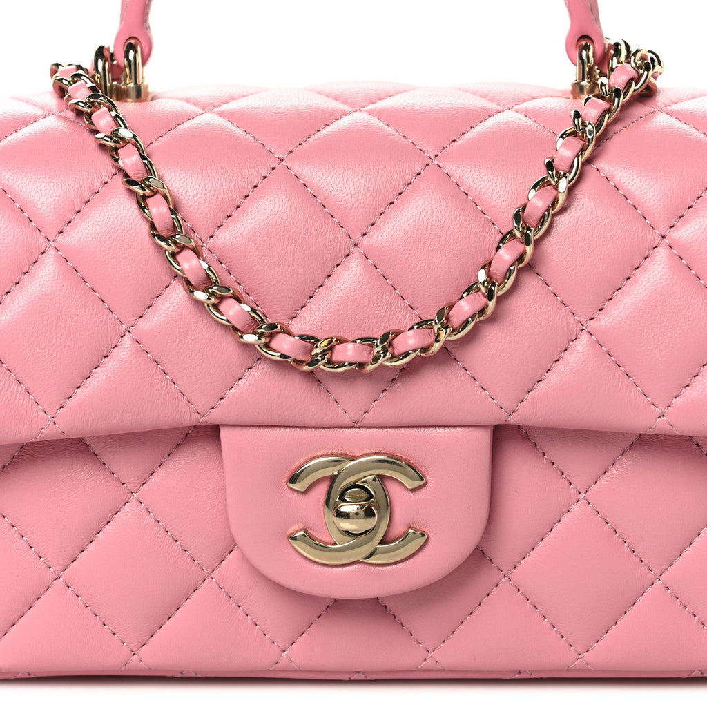 Lambskin Quilted Mini Top Handle Rectangular Flap Pink