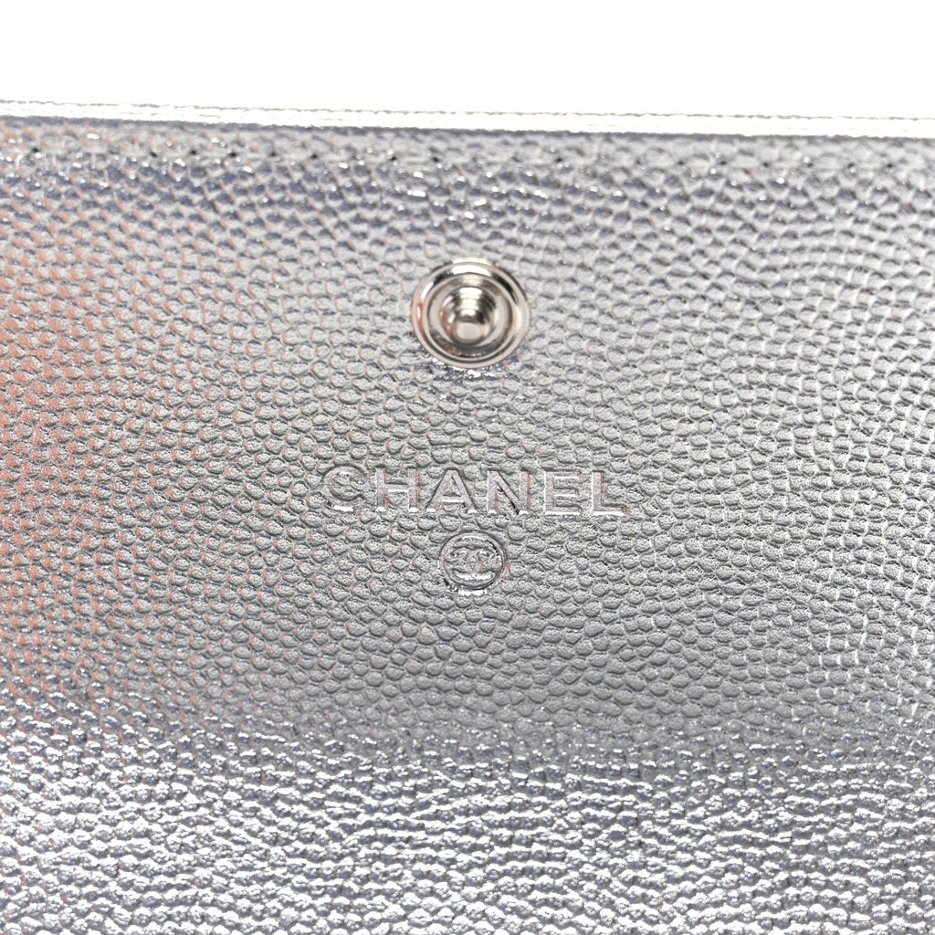 Metallic Caviar Timeless CC Flap  Holder Silver