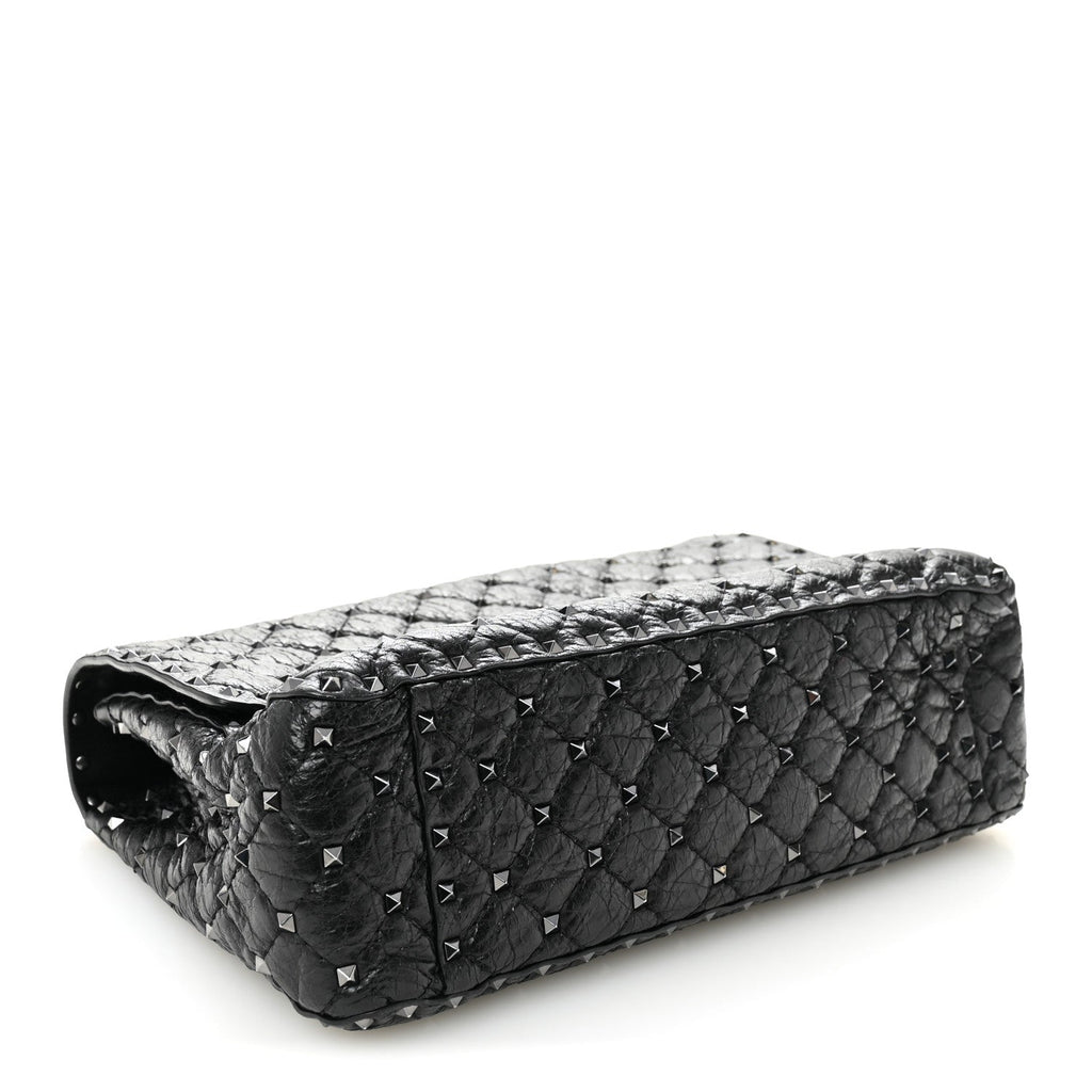 Craquele Nappa Large Rockstud Spike Shoulder Bag Black