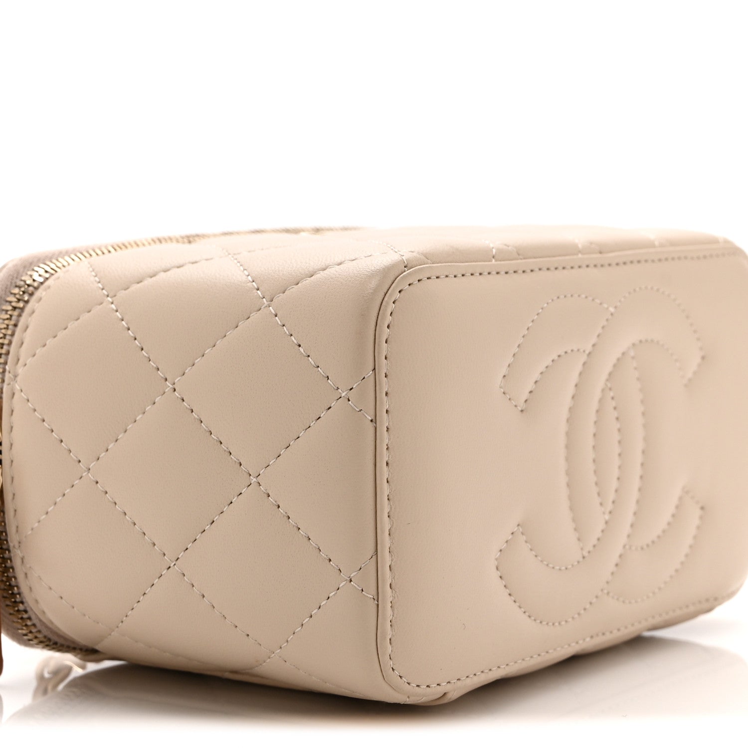 Lambskin Quilted Small Top Handle Vanity Case With Chain Beige