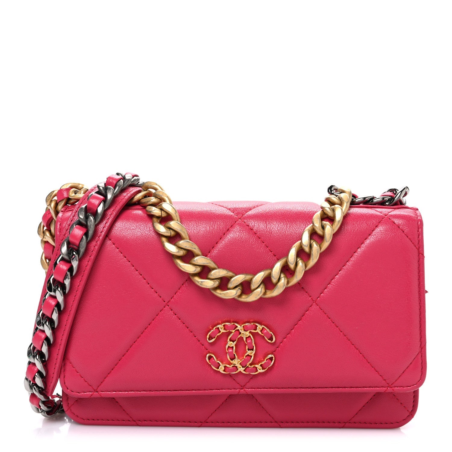 Shiny Goatskin Quilted Chanel 19 Wallet On Chain WOC Pink