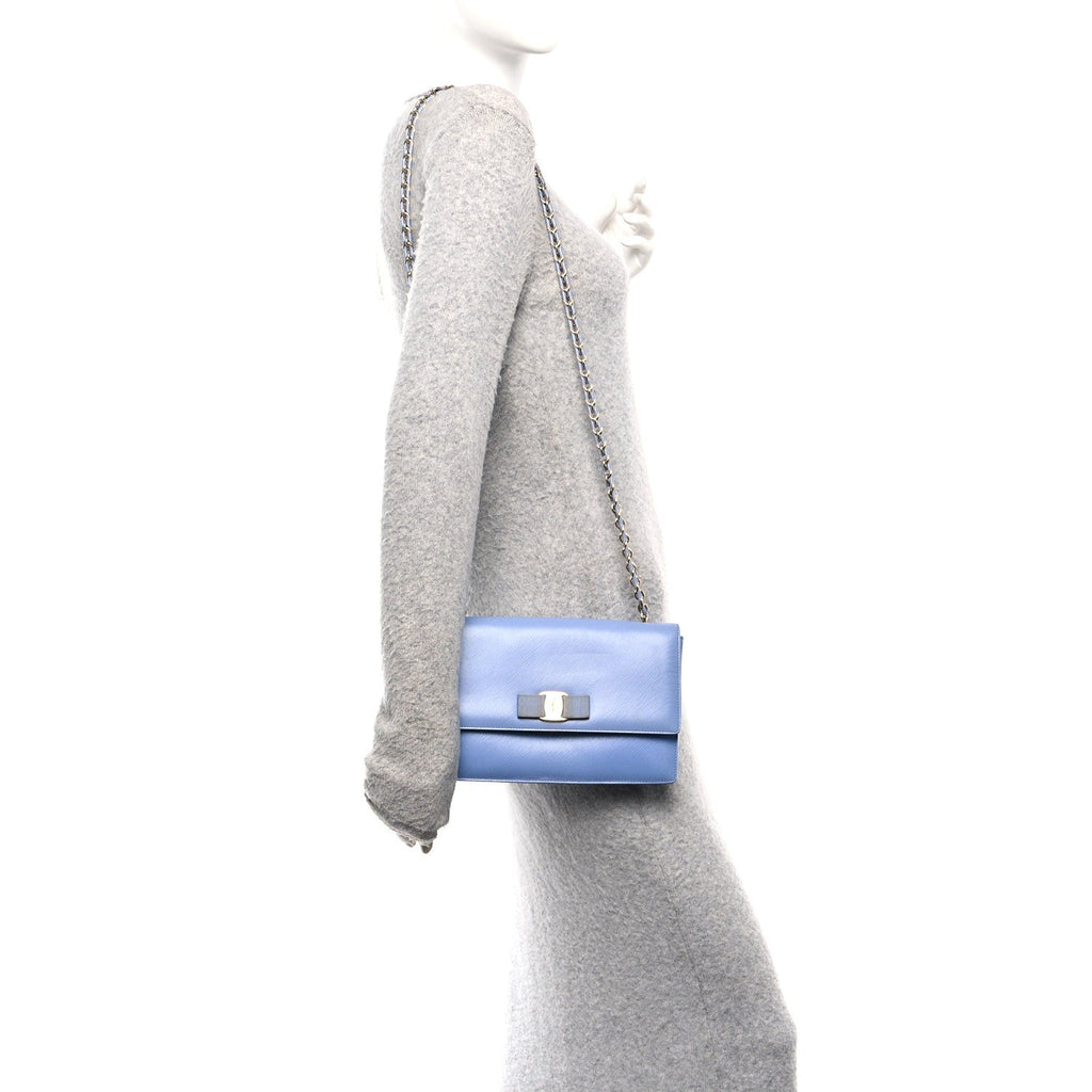 Hammered Calfskin Vara Bow Chain Crossbody Blue