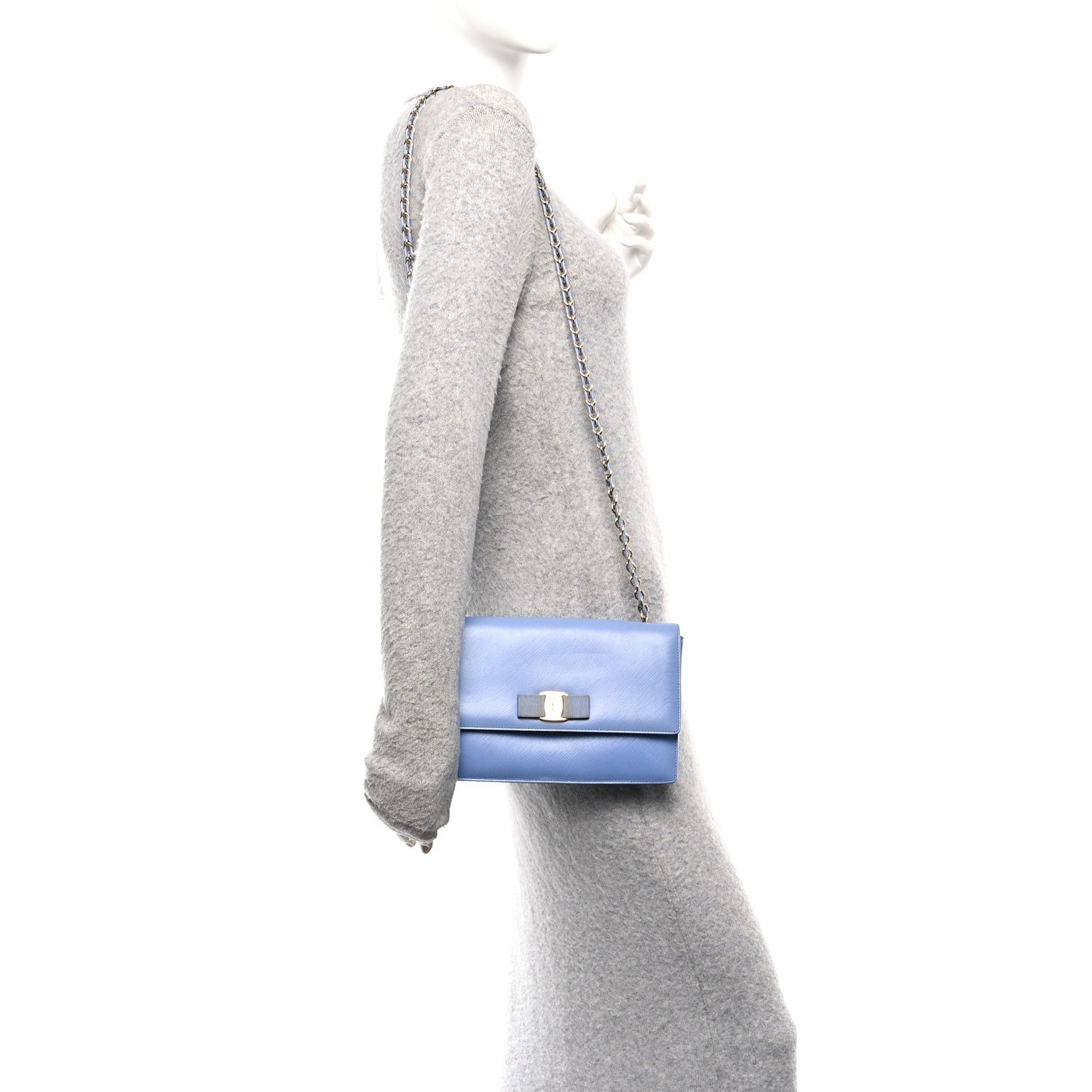 Hammered Calfskin Vara Bow Chain Crossbody Blue