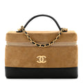 Suede Calfskin Shiny Lambskin Quilted Top Handle Slim Vanity Case With Chain Beige Black