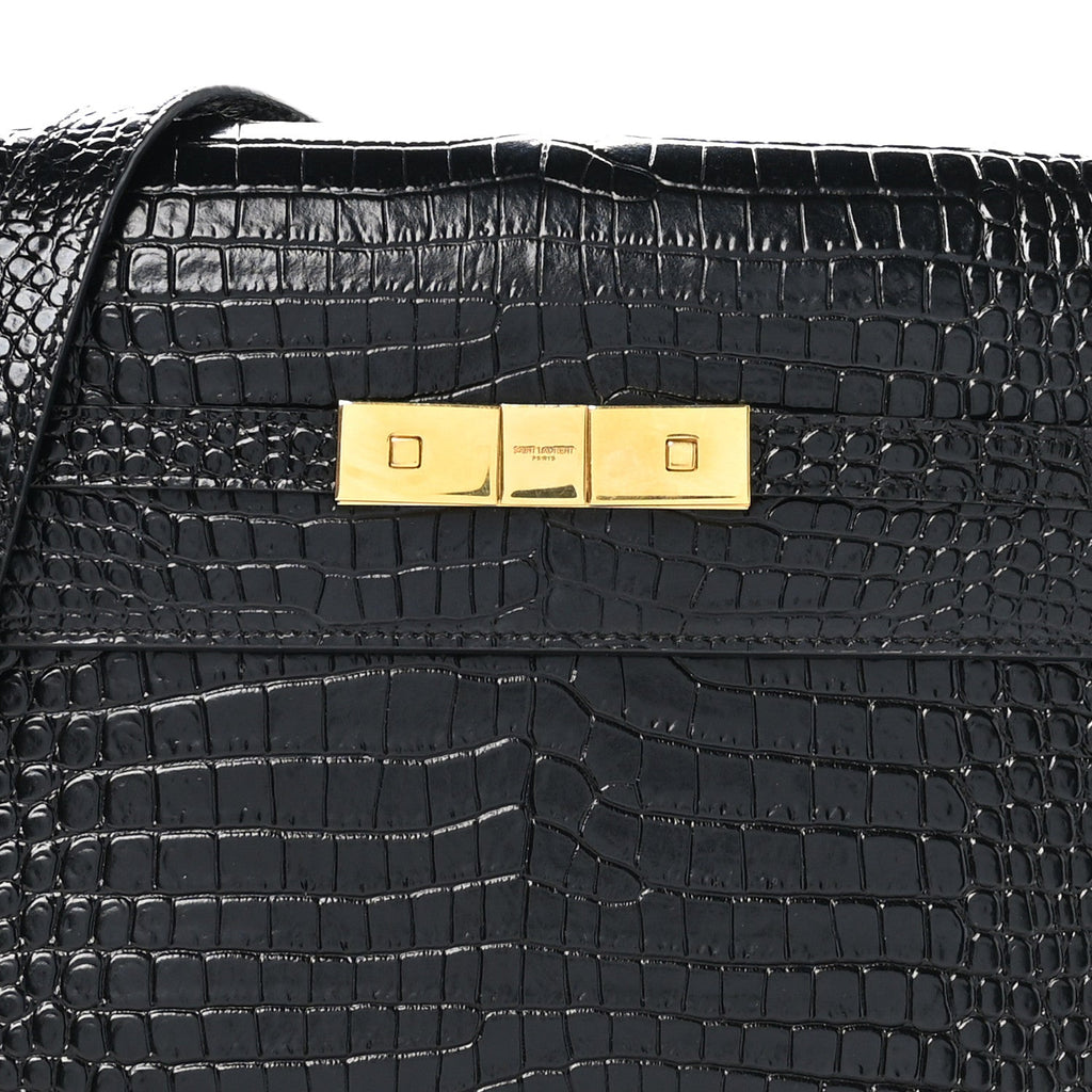 Shiny Calfskin Crocodile Embossed Manhattan Baguette Black
