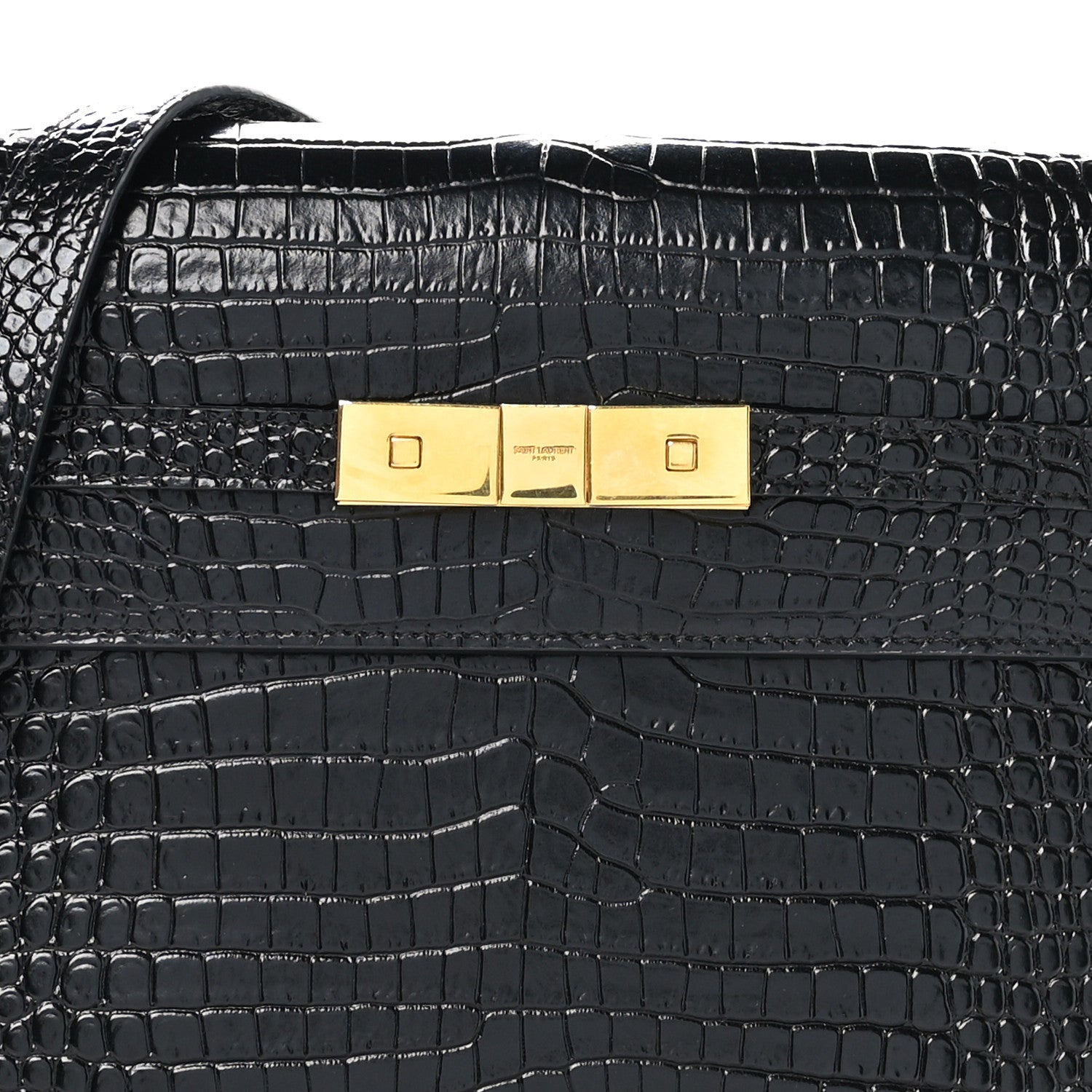 Shiny Calfskin Crocodile Embossed Manhattan Baguette Black