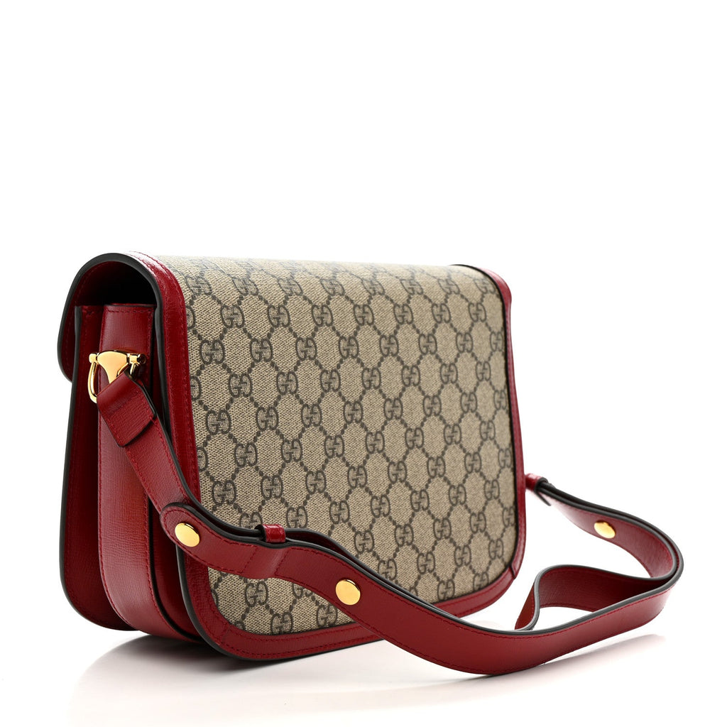GG Supreme Monogram Azalea Calfskin Horsebit 1955 Shoulder Bag Beige Ebony New Cherry Red