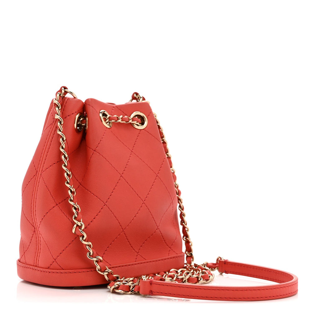 Calfskin Stitched Chain Bucket Bag Coral