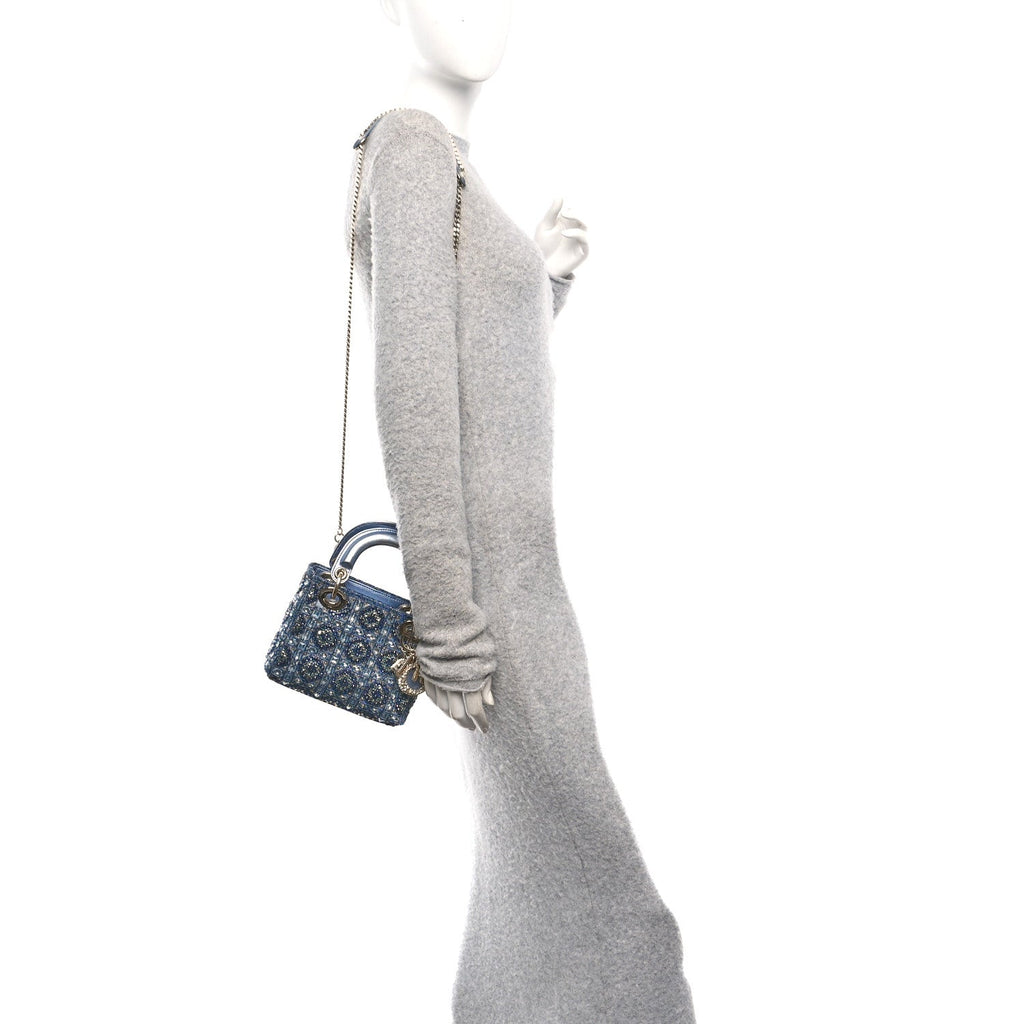 Metallic Calfskin Satin Celestial Bead Embroidery Cannage Mini Lady Dior Blue