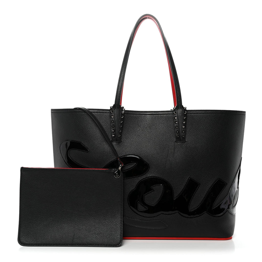 Calfskin Patent Logo Spikes East West Cabata Tote Black