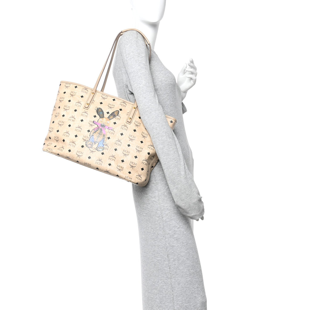 Visetos Medium Studded Rabbit Top Zip Shopper Tote Beige