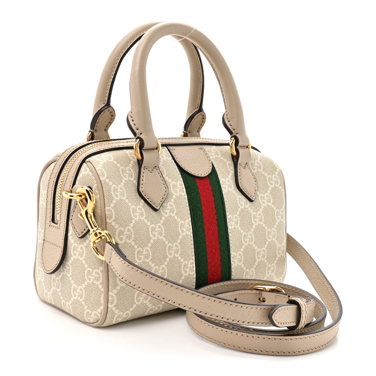 GG Supreme Monogram Textured Dollar Calfskin Web Ophidia Mini Top Handle Bag Beige Mystic White Oatmeal