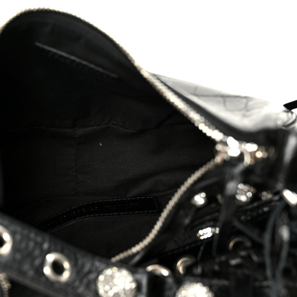 Extra Supple Calfskin Crystal Crocodile Embossed Le Cagole Shoulder Bag XS Black