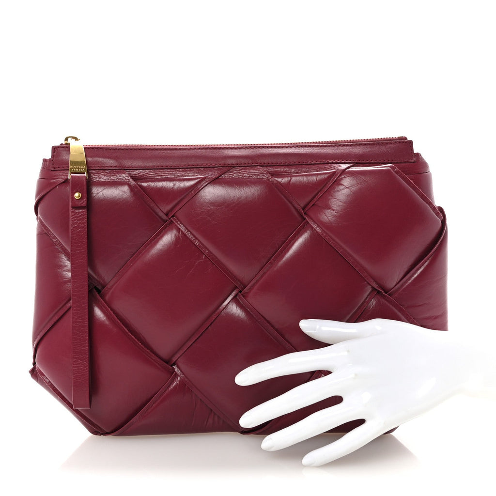 Paper Calfskin Maxi Intrecciato Padded Pouch Clutch Amaranto