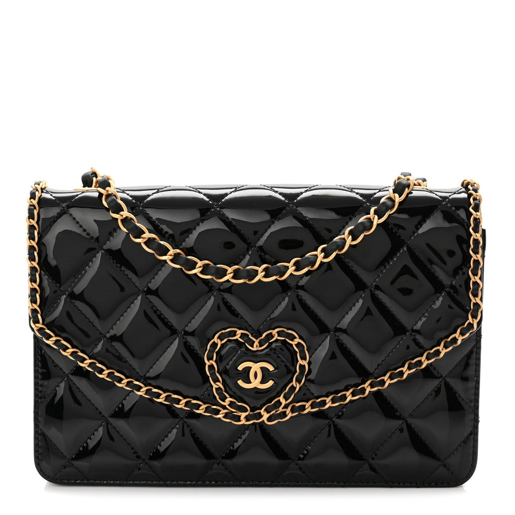 Patent Quilted Chain Around Heart Flap Black