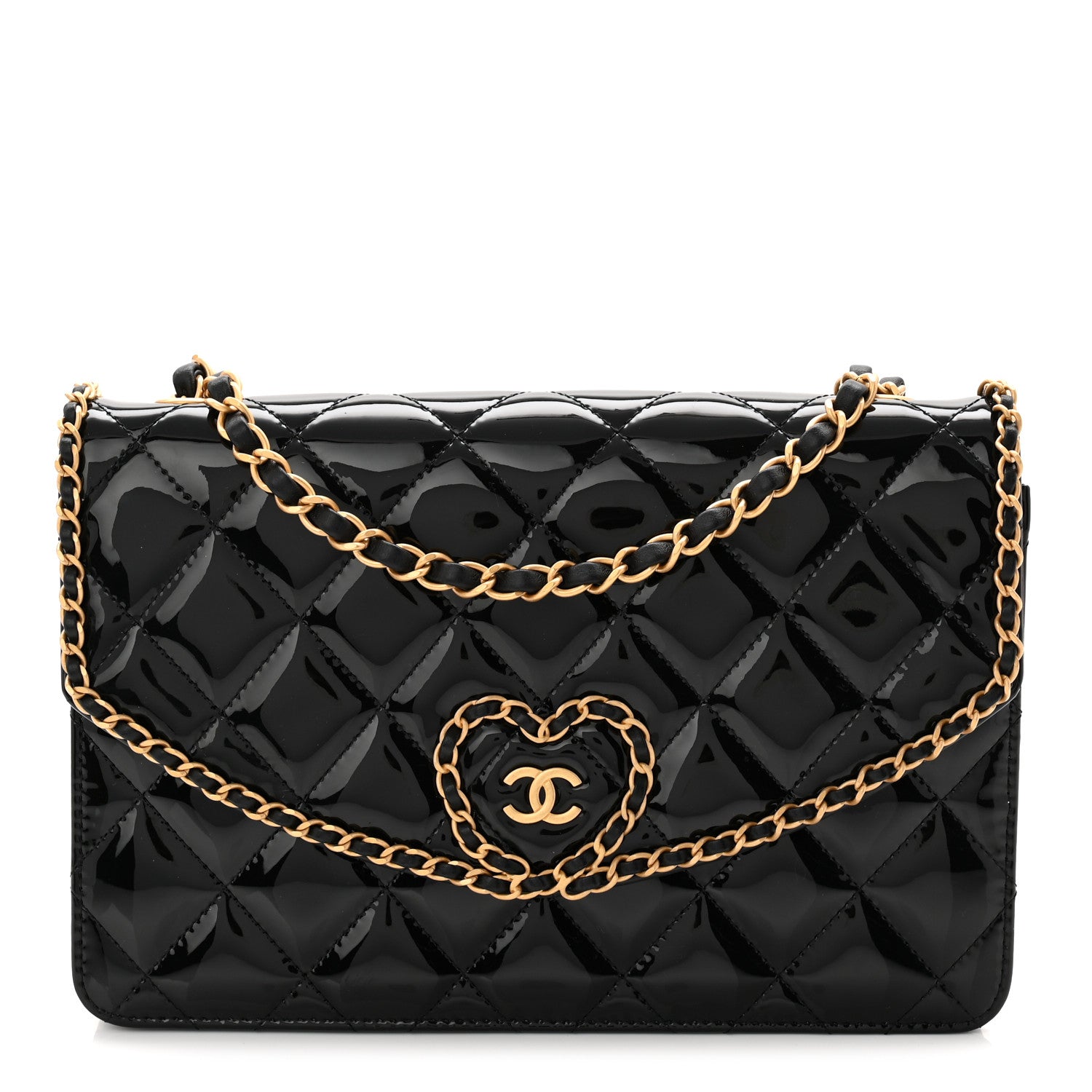 Patent Quilted Chain Around Heart Flap Black