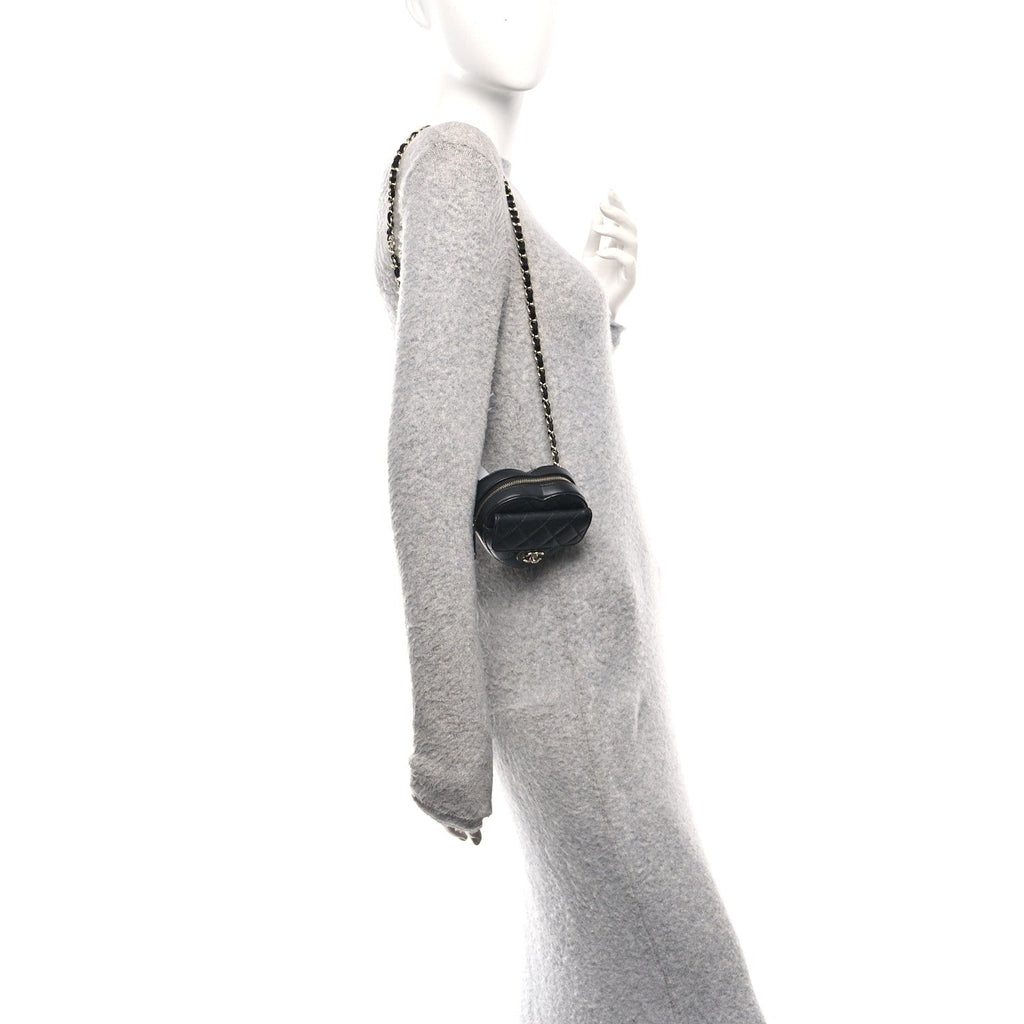 Lambskin Quilted CC In Love Heart Waist Belt Bag With Chain Black