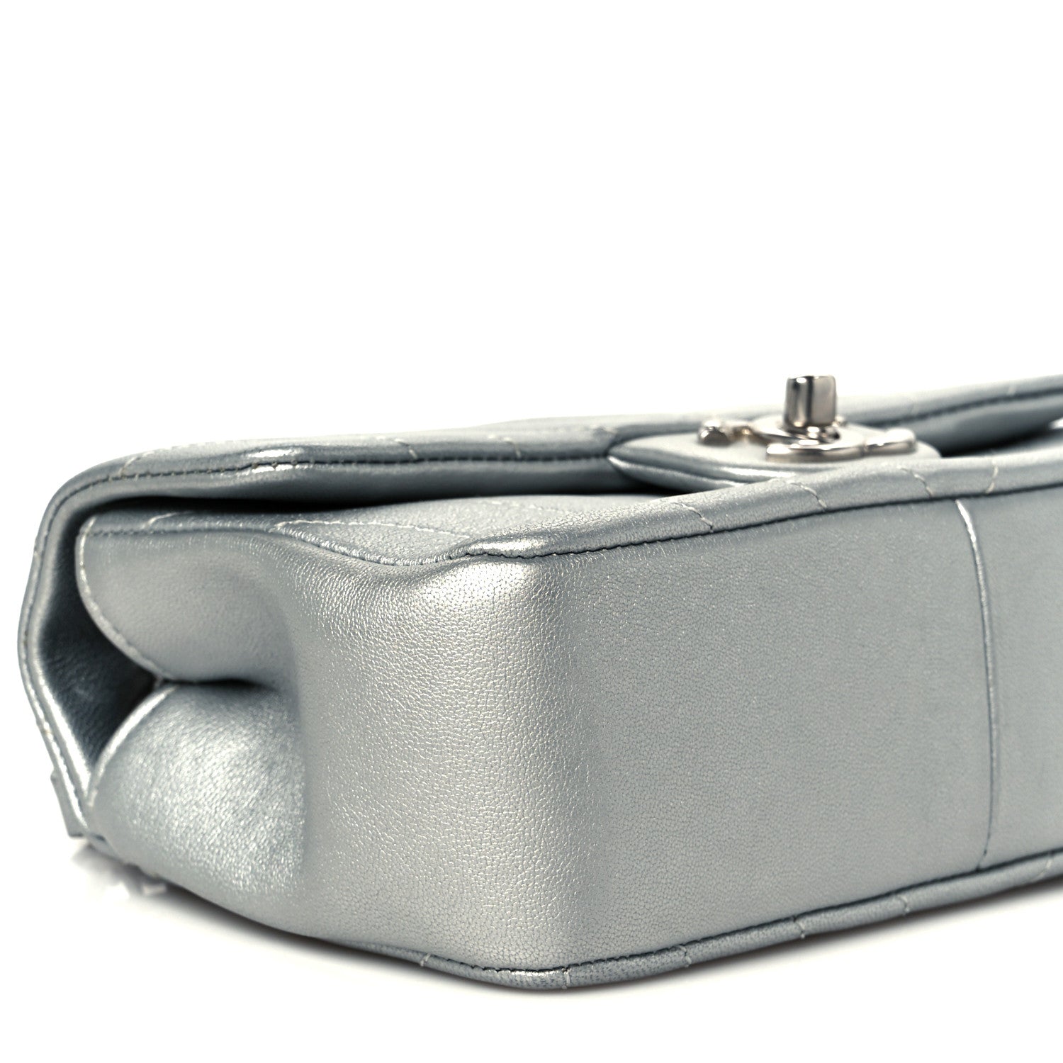 Metallic Lambskin Chevron Quilted Mini Rectangular Flap Silver