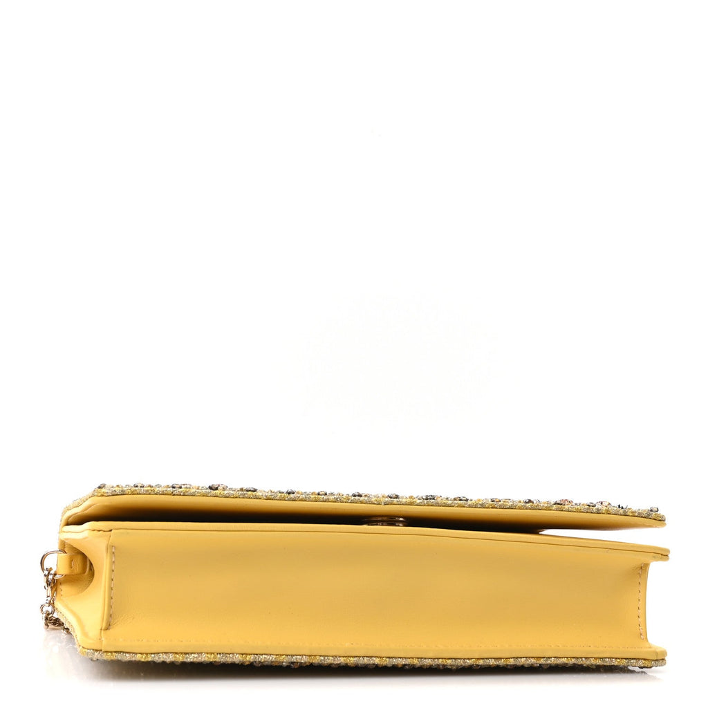 Calfskin Satin Bead Embroidery Lady Dior Clutch Gold Yellow