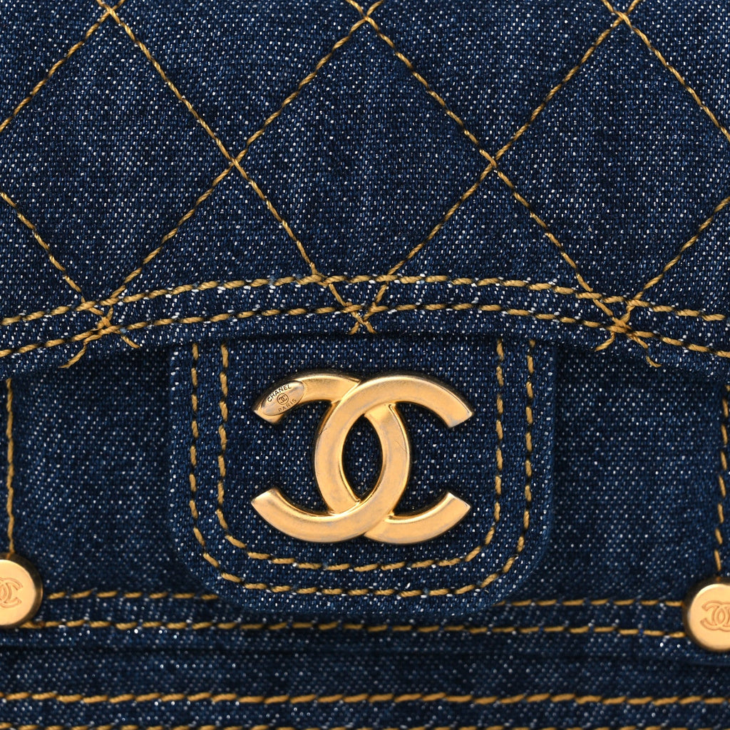 Denim Quilted Double You  Holder On Chain Blue