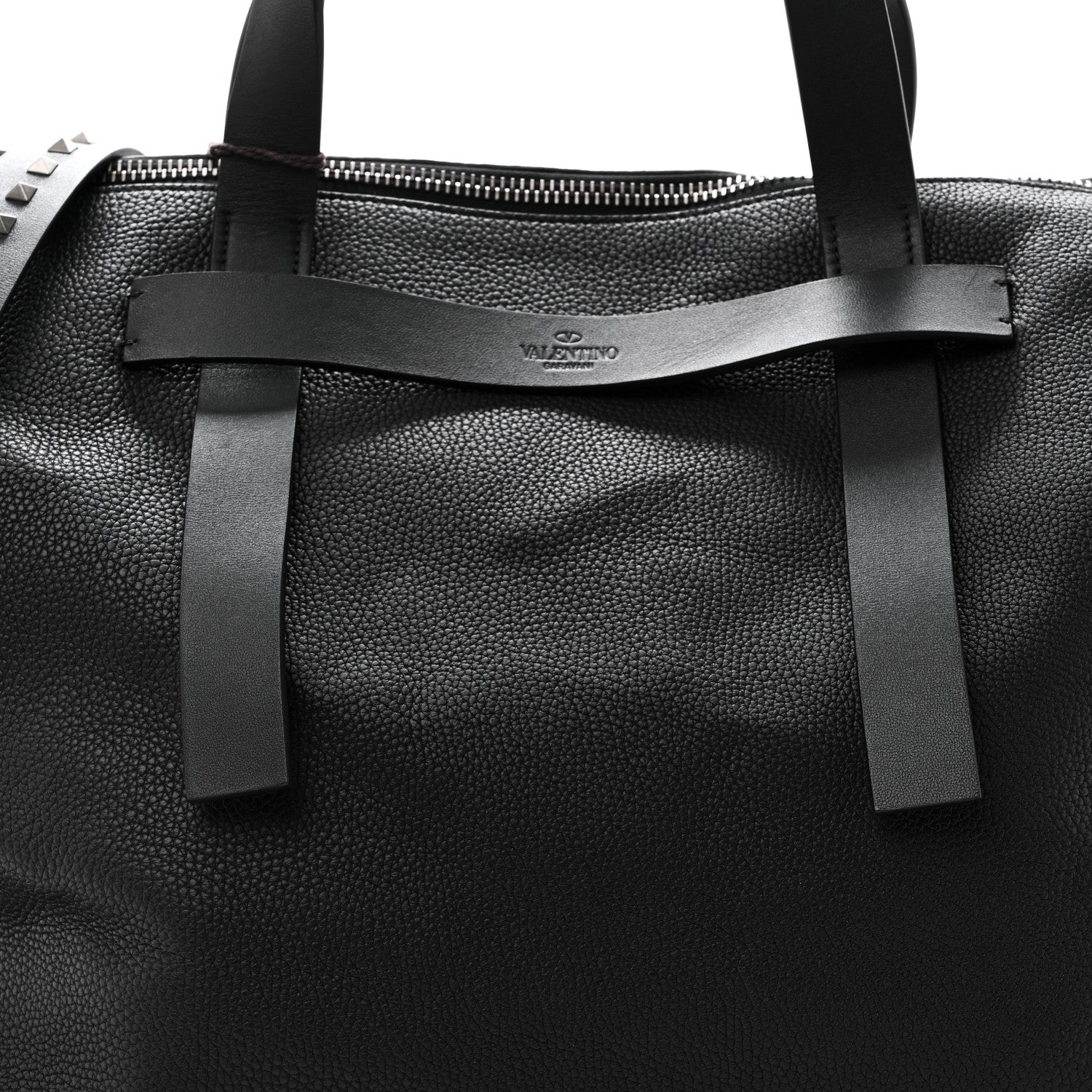 Grained Calfskin Rockstud Travel Tote Bag Black