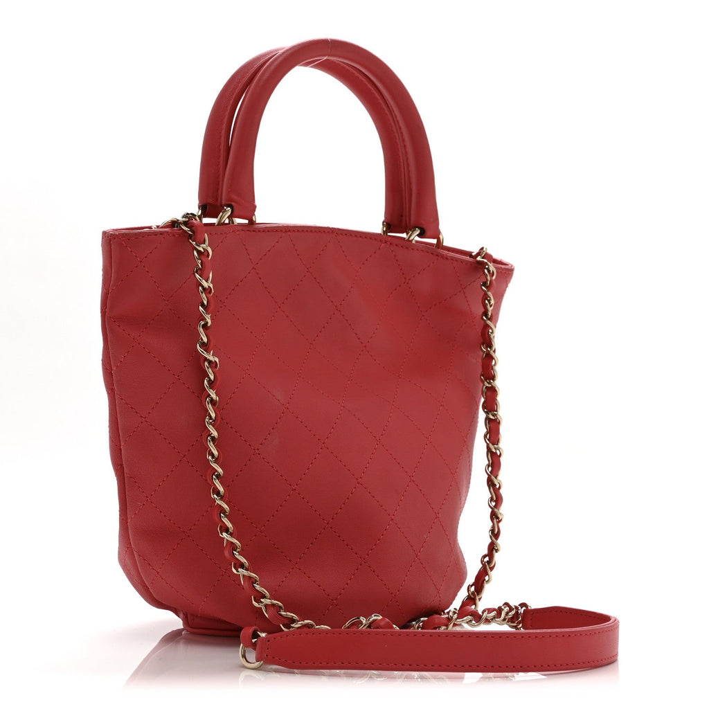 Calfskin Stitched Chain Bucket Bag Coral