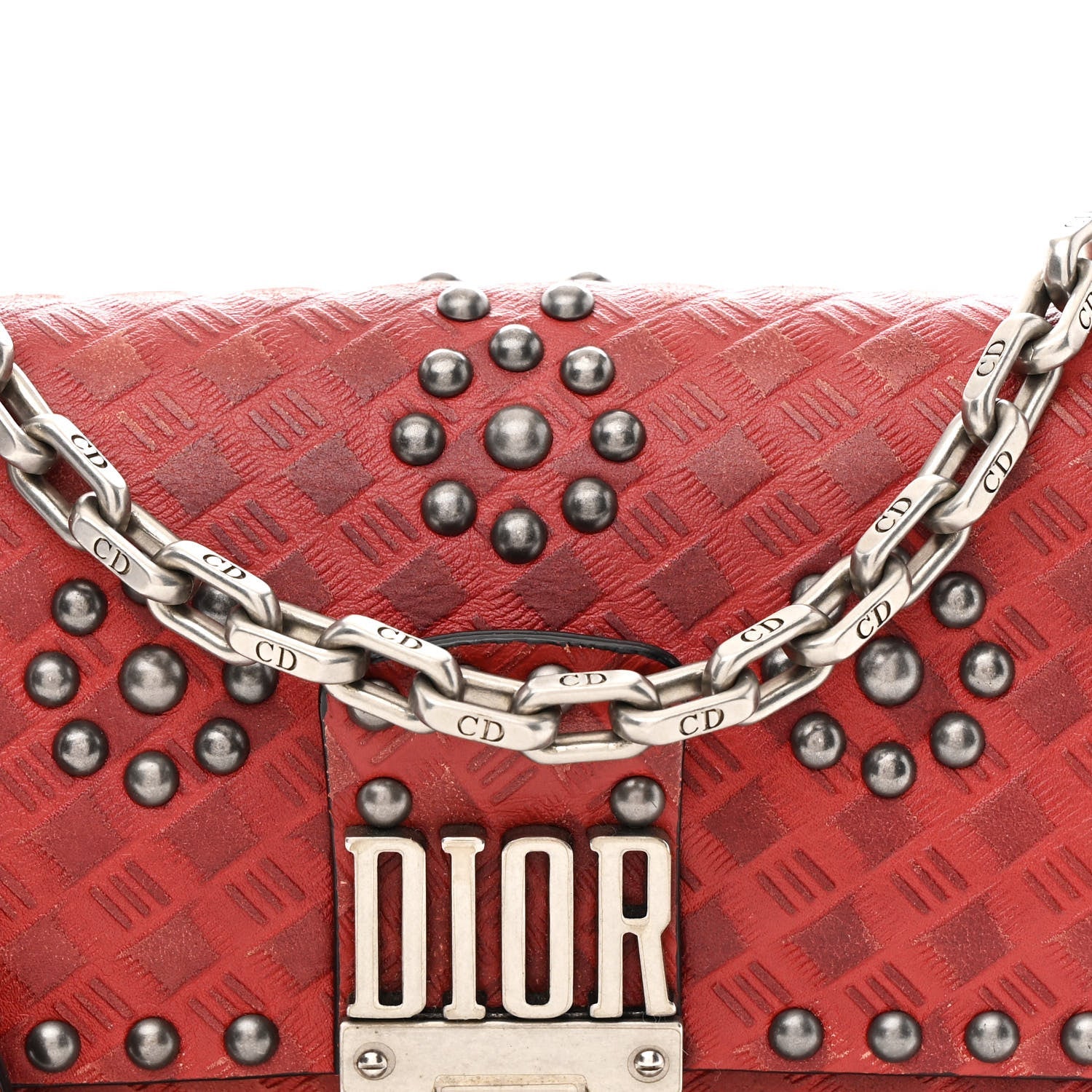 Calfskin Cannage Embossed Studded Small Dioraddict Flap Bag Red