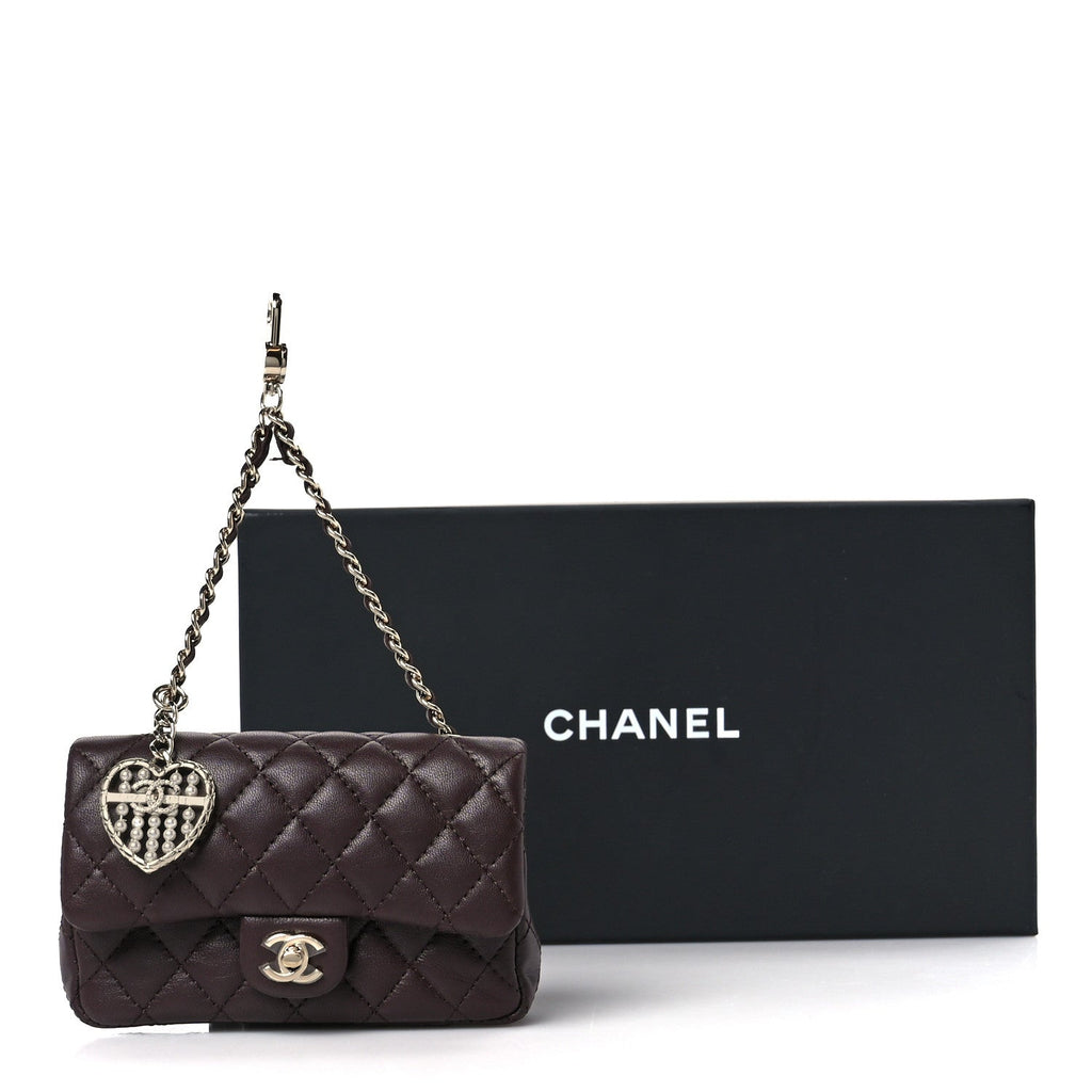 Lambskin Quilted Mini Flap Bag Charm With Hook Dark Brown