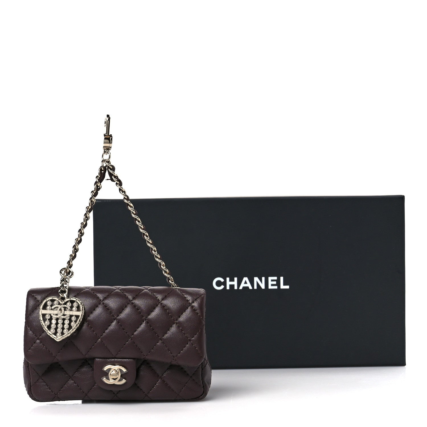 Lambskin Quilted Mini Flap Bag Charm With Hook Dark Brown
