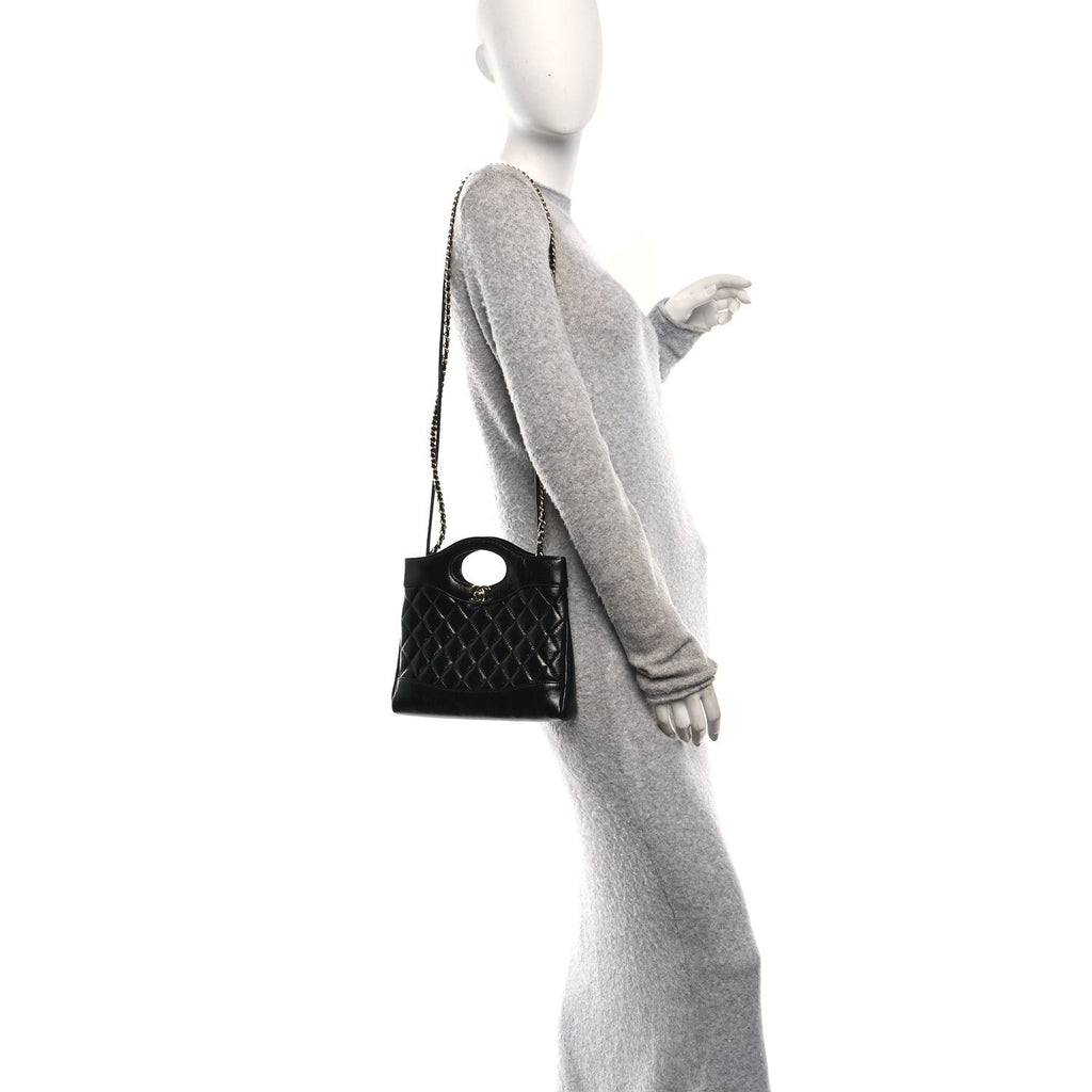 Shiny Crumpled Calfskin Quilted Mini 31 Shopping Bag Black