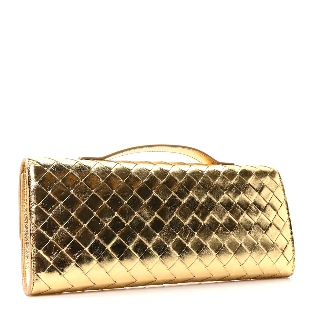 Metallic Lambskin Intrecciato Long Andiamo Top Handle Clutch Gold