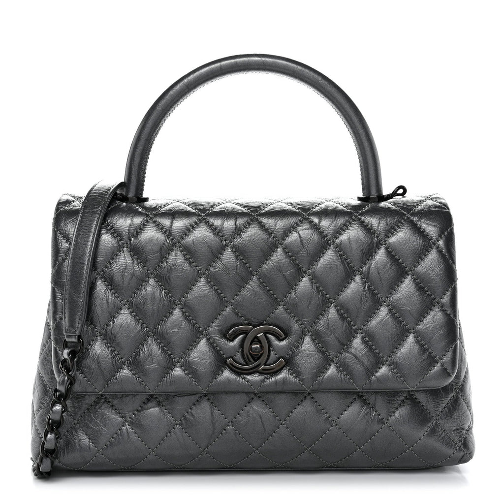 Metallic Aged Calfskin Quilted Small Coco Handle Flap Charcoal