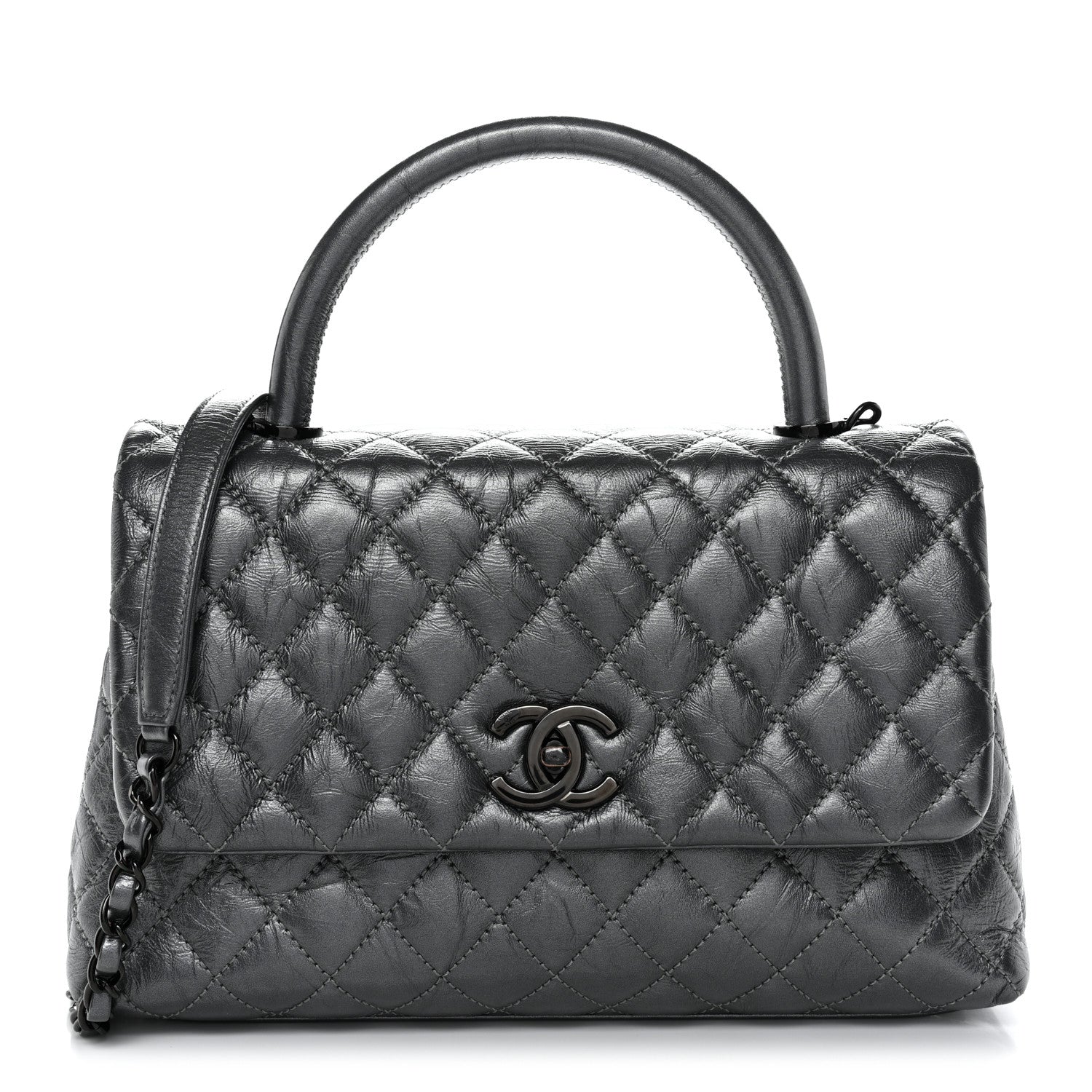 Metallic Aged Calfskin Quilted Small Coco Handle Flap Charcoal