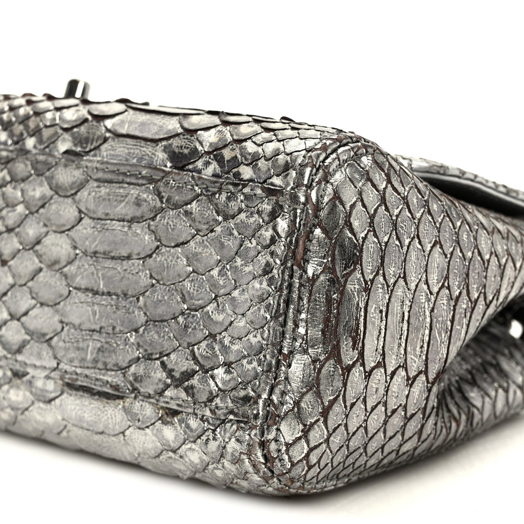 Metallic Snakeskin Medium Single Flap Silver
