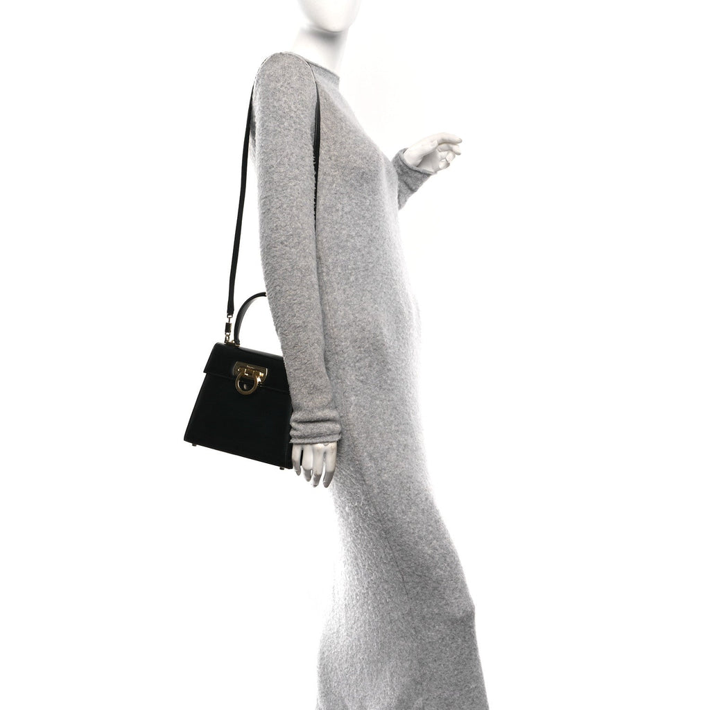 Hammered Calfskin Small Iconic Top Handle Bag Black