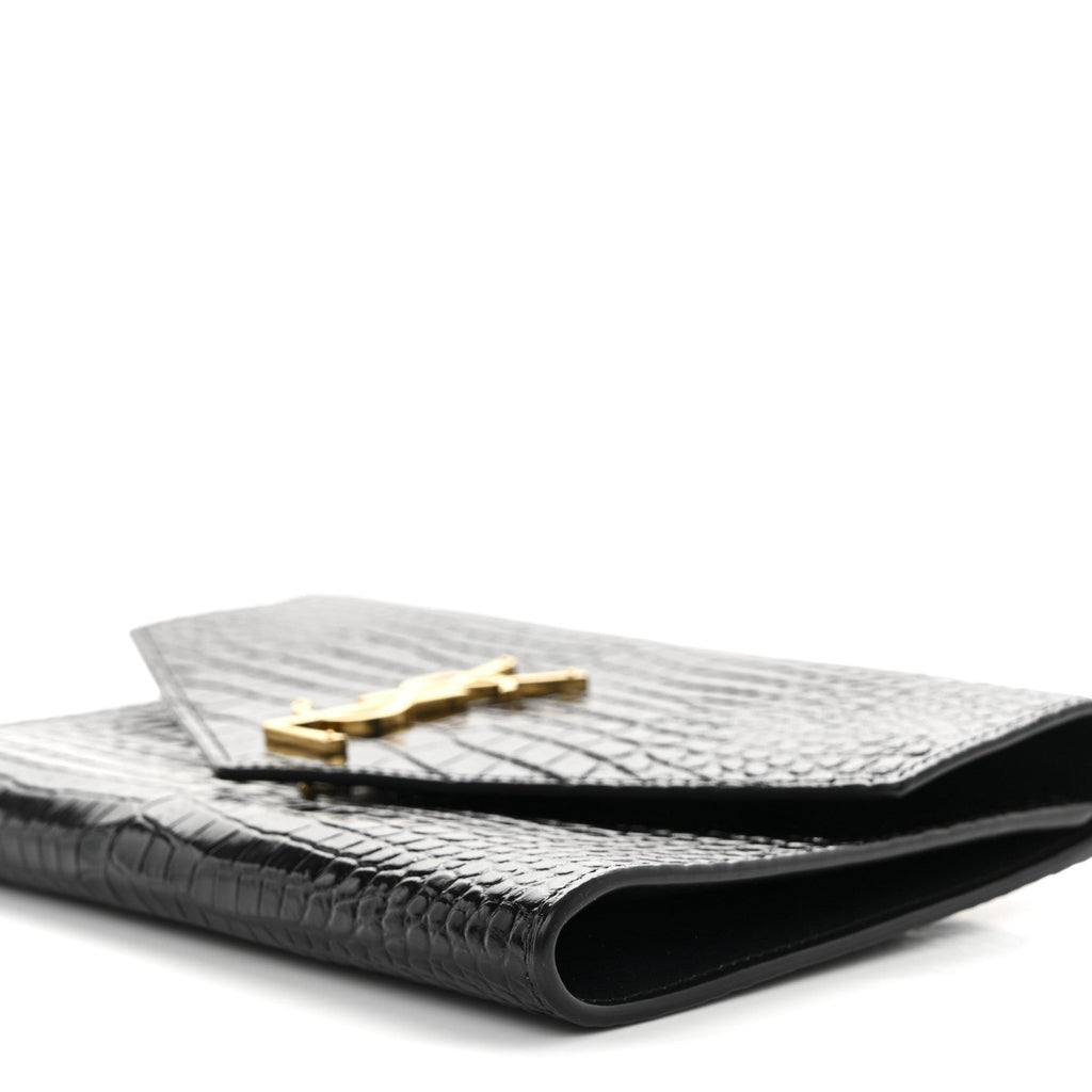 Calfskin Crocodile Embossed Monogram Cassandre Flap Pouch Black