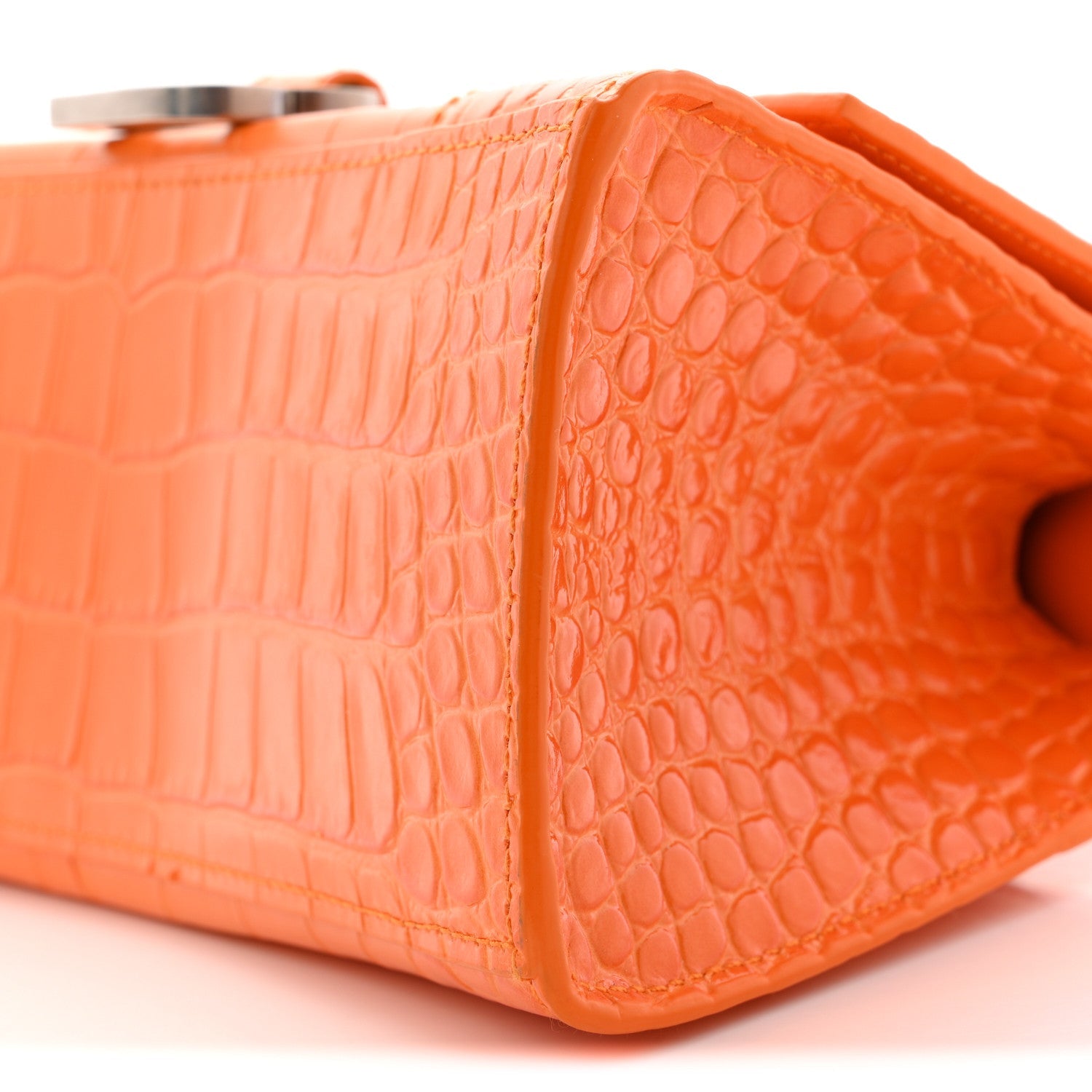 Shiny Calfskin Crocodile Embossed Small Hourglass Top Handle Bag Pop Orange