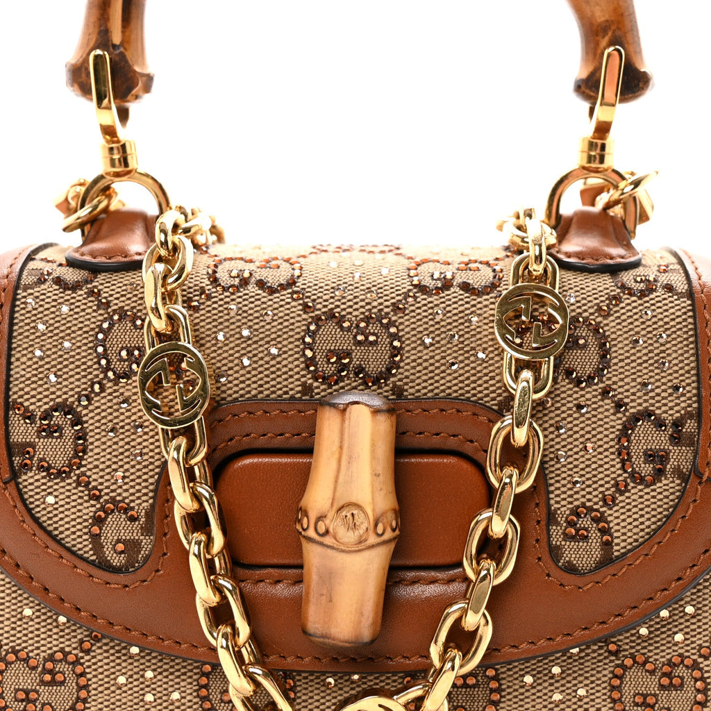 New Canvas Charisma Calfskin Crystal GG Monogram Small Bamboo 1947 Top Handle Bag Camel Ebony